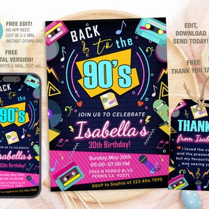 Editable 90s Birthday Invitation Template, Printable 90&#39;s Birthday Party Invitations, Digital Bday Party Invite Bday Card