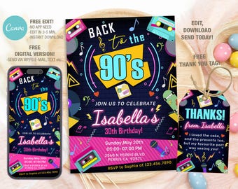 Editable 90s Birthday Invitation Template, Printable 90's Birthday Party Invitations, Digital Bday Party Invite Bday Card