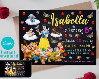 Snow White Birthday Invitation Template, Kids Party, Editable in Canva (Digital Download)