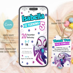Modelo editável de convite de aniversário de aranha fantasma móvel, convites de festa de aniversário de Spidey Gwen, convite digital para festa infantil Evite cartão de aniversário