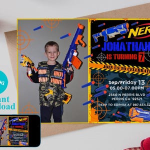 Sjabloon voor bewerkbare foto Nerf-verjaardagsuitnodiging, afdrukbare verjaardagsuitnodigingen, sjabloon voor digitale kinderfeestje
