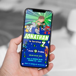 Modelo editável de convite de aniversário do Ben 10 para celular, convites para festas de aniversário do Circus Ben Ten, convite digital Ben10 para crianças, cartão de aniversário Evite Bday