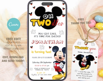 Mickey Mouse Birthday Invitation, Oh Two-dles Party, Canva Template (Digital Download)