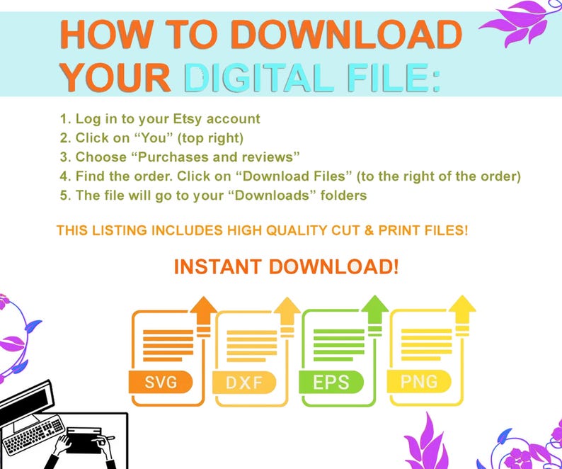 Puede incluir: Un gr&aacute;fico con instrucciones sobre c&oacute;mo descargar un archivo digital de Etsy. El gr&aacute;fico incluye una pantalla de computadora, una mano sosteniendo un rat&oacute;n y un conjunto de cuatro iconos coloridos etiquetados como SVG, DXF, EPS y PNG. El texto "INSTANT DOWNLOAD!" se muestra en negrita, en letras rojas.