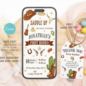 Modello modificabile di invito di compleanno mobile per il mio primo rodeo, inviti per feste di compleanno da cowboy, invito a feste digitali per bambini, biglietto di compleanno Evite