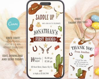 Editable My First Rodeo Birthday Invitation Template, Cowboy Party (Digital)