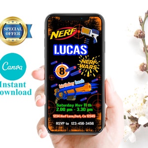 May include: A digital invitation for a Nerf Wars birthday party for Lucas. The invitation features a black background with a target, Nerf guns, and the text "Nerf Wars birthday bash". The invitation includes the date, time, and location of the party, as well as an RSVP number.