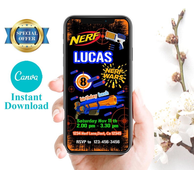 May include: A digital invitation for a Nerf Wars birthday party for Lucas. The invitation features a black background with a target, Nerf guns, and the text "Nerf Wars birthday bash". The invitation includes the date, time, and location of the party, as well as an RSVP number.