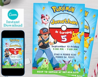 Editable Poke Birthday Invitation Template, Kids Party Invite (Digital)