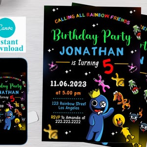 Bearbeitbare Regenbogen Freunde Geburtstagseinladung Vorlage, druckbare Einladungen zur Geburtstagsfeier, Digitale Kinder Party einladen, Jungen Mädchen Geburtstagskarte