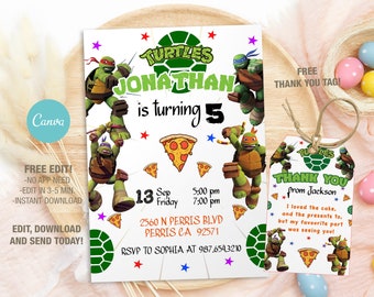 Editable Ninja Turtle Birthday Invitation Template with Thank You Tag (Digital)