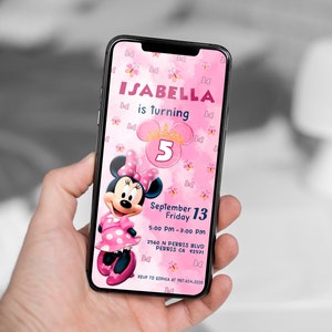 Modello modificabile per invito di compleanno di Minnie mobile, inviti per feste di compleanno, invito per feste digitali per bambini, biglietto di compleanno Evite