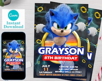 ソニックの誕生日招待状テンプレート、編集可能な子供向けパーティー招待状（デジタルファイル）