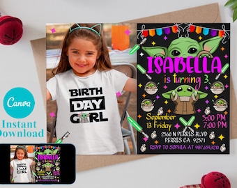 Editable Baby Yoda Birthday Invitation Template (Digital)