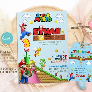 Modelo editável de convite de aniversário do Super Mario, convites para festa de aniversário para impressão, convite digital para festa infantil, cartão para meninos e meninas