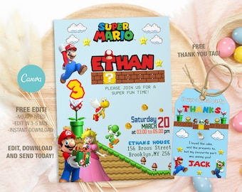 Plantilla editable de invitación de cumpleaños de Super Mario (digital)
