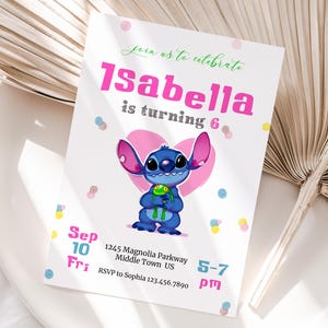 Bearbeitbare Stitch-Geburtstagsfeiereinladungsvorlage, druckbare Einladungen zur Geburtstagsfeier, digitale Kinderparty InviteBday-Karte
