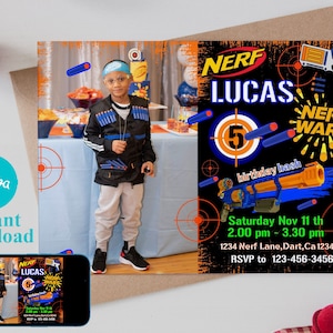 Sjabloon voor bewerkbare foto Nerf-verjaardagsuitnodiging, afdrukbare verjaardagsuitnodigingen, sjabloon voor digitale kinderfeestje