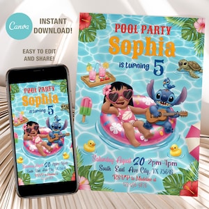 May include: A pool party invitation featuring the name "Sophia" and the number "5". The design includes cartoon characters, a pool scene, and event details. The invitation is displayed on a smartphone and a printed card.