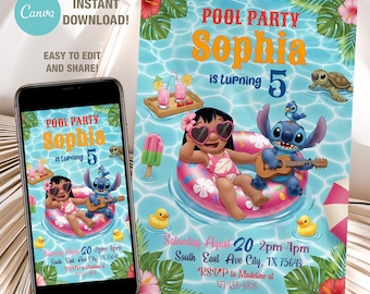 Editable Lilo And Stitch Birthday Invitation Template, Printable Pool Party Invitations, Digital Kids Party Invite, Boys & Girls Invite