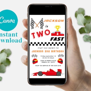 May include: A digital invitation for a second birthday party with a racing car theme. The invitation features a red race car, checkered flags, and the text "Jackson is Two Fast".