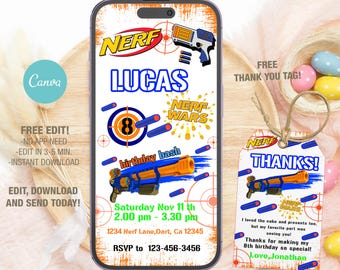 Editable Nerf Birthday Invitation Template, Printable Birthday Party Invitations, Digital Kids Party Invite Template
