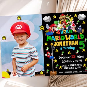 Modelo de convite de aniversário com foto editável do Super Mario, convites para festa de aniversário para impressão, convite digital para festa infantil, cartão para meninos e meninas