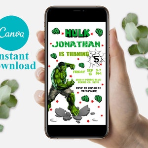 Bearbeitbare Hulk Mobile Geburtstagseinladungsvorlage, Einladungen zur Geburtstagsfeier, Digitale Kinderparty einladen, Sofortiger Download Evite Geburtstagskarte