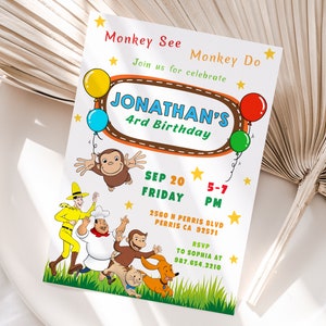 Modello modificabile di invito compleanno Curious George, inviti festa di compleanno stampabili, modello di invito festa di compleanno digitale, biglietto di compleanno