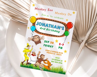 Editable Curious George Birthday Invitation Template, Printable Birthday Party Invitations, Digital Bday Party Invite Template, Bday Card