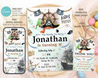 Editable Pirate Birthday Invitation Template, Printable Birthday Party Invitations, Digital Bday Party Invite Template, Invite Bday Card
