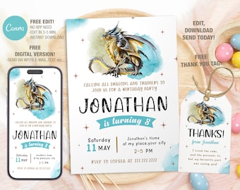 Editable Dragon Birthday Invitation Template, Printable Birthday Party Invitations, Digital Bday Party Invite Template, Invite Bday Card