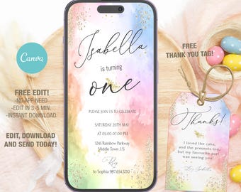 Editable Mobile Watercolor Rainbow Birthday Invitation Template, Printable Birthday Party Invitations, Digital Bday Party Invite Bday Card