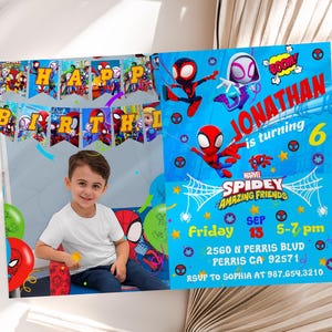 Modelo de convite de aniversário com foto editável do Aranha e seus amigos incríveis, convites para festa de aniversário para impressão, cartão de aniversário com convite digital