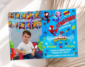 Può includere: Un invito di compleanno blu e giallo a tema Spiderman. L'invito presenta un personaggio di Spiderman dei cartoni animati, il testo "Jonathan compie 6 anni" e le parole "Marvel Spidey Amazing Friends".