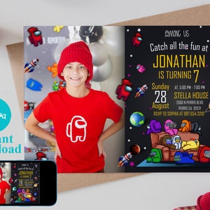 Sjabloon bewerkbare foto verjaardagsuitnodiging, afdrukbare verjaardagsuitnodigingen, sjabloon voor digitale kinderfeestje, uitnodiging voor jongens en meisjes