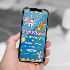 Modello mobile modificabile di invito di compleanno di Tom e Jerry, inviti per feste di compleanno, invito a feste digitali per bambini, biglietto di compleanno Evite