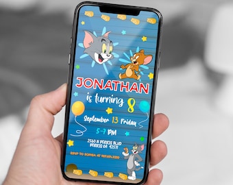 Bearbeitbare Mobile Tom und Jerry Geburtstagseinladungsvorlage, Geburtstagsfeier-Einladungen, digitale Kinderparty einladen, Evite Bday Karte