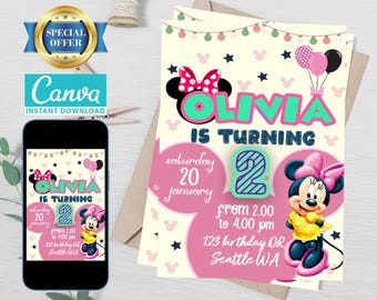 編集可能なネズミの誕生日招待状テンプレート、子供向けパーティー招待状（デジタル版）
