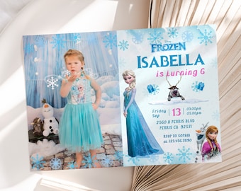 Op de afbeelding: Een Frozen-thema verjaardagsuitnodiging voor Isabella's 6e verjaardag. De uitnodiging bevat een foto van Isabella verkleed als Elsa van Frozen, samen met afbeeldingen van Elsa, Anna en Olaf. De uitnodiging bevat de datum, tijd en locatie van het feest, evenals een RSVP-telefoonnummer.