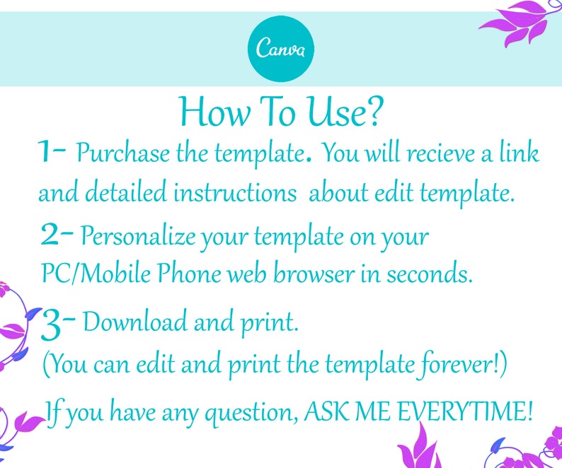 May include: A turquoise and white text graphic on a light blue background with floral accents. The text reads "How To Use?" and provides instructions for purchasing, personalising, and downloading a template. The text also states "You can edit and print the template forever!" and "If you have any question, ASK ME EVERYTIME!"