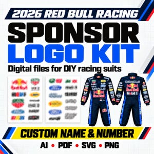 May include: A digital kit for 2026 Red Bull Racing sponsor logos, featuring two sheets of various colourful sponsor emblems and two views of a dark blue racing suit with logos, text, and custom name and number options in AI, PDF, SVG, and PNG formats.