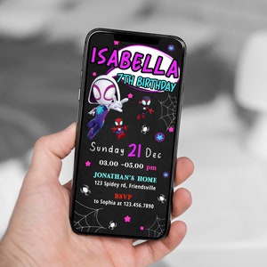 Editable Mobile Ghost Spider Birthday Invitation Template, Spidey Gwen Birthday Party Invitations, Digital Kids Party Invite Evite Bday Card