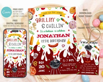 Editable BBQ Birthday Invitation Template, Printable Birthday Party Invitations, Digital Party Invite Bday Card