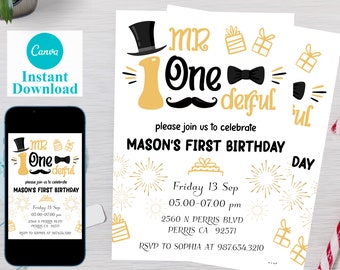 Editable Mr Onederful Birthday Invitation Template, Printable First Birthday Party Invitations, Digital Kids Party Invite Evite Bday Card