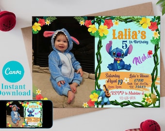Editable Photo Stitch Birthday Invitation Template, Printable Birthday Party Invitations, Digital Kids Party Invite, Boys & Girls Bday Card