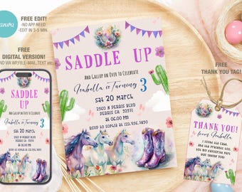 Editable Horse Birthday Invitation Template, Printable Birthday Party Invitations, Digital Kids Party Invite Bday Card