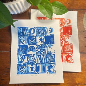 You're My Favorite | Original Typography Linocut Print | Handmade Original Art