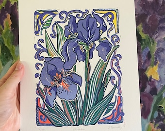 Irises Linocut Print | Limited Edition Reduction Linocut Art | Handmade Home Decor