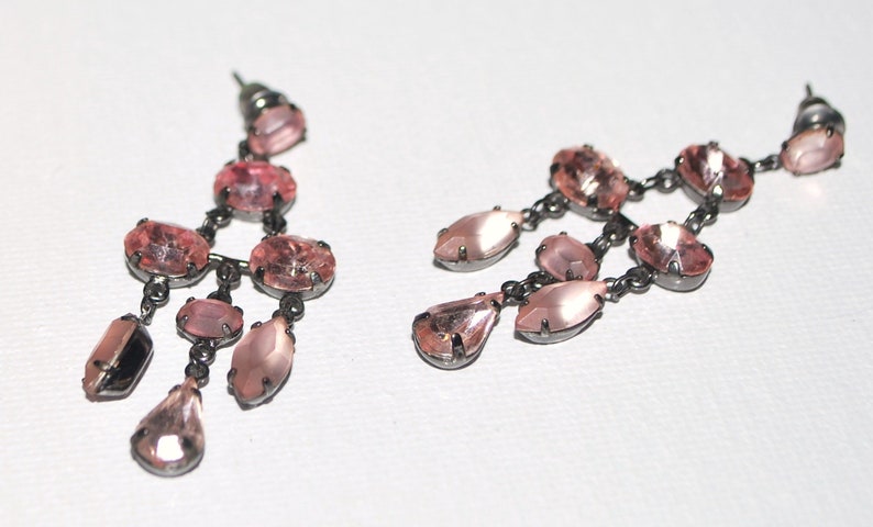 Vintage Rhinestone Earring Dangles Frosted Pink Milk Glass and Pink Clear Stones Brass 1960s Edwardian Celtic Shabby Chic Feminine Light ER